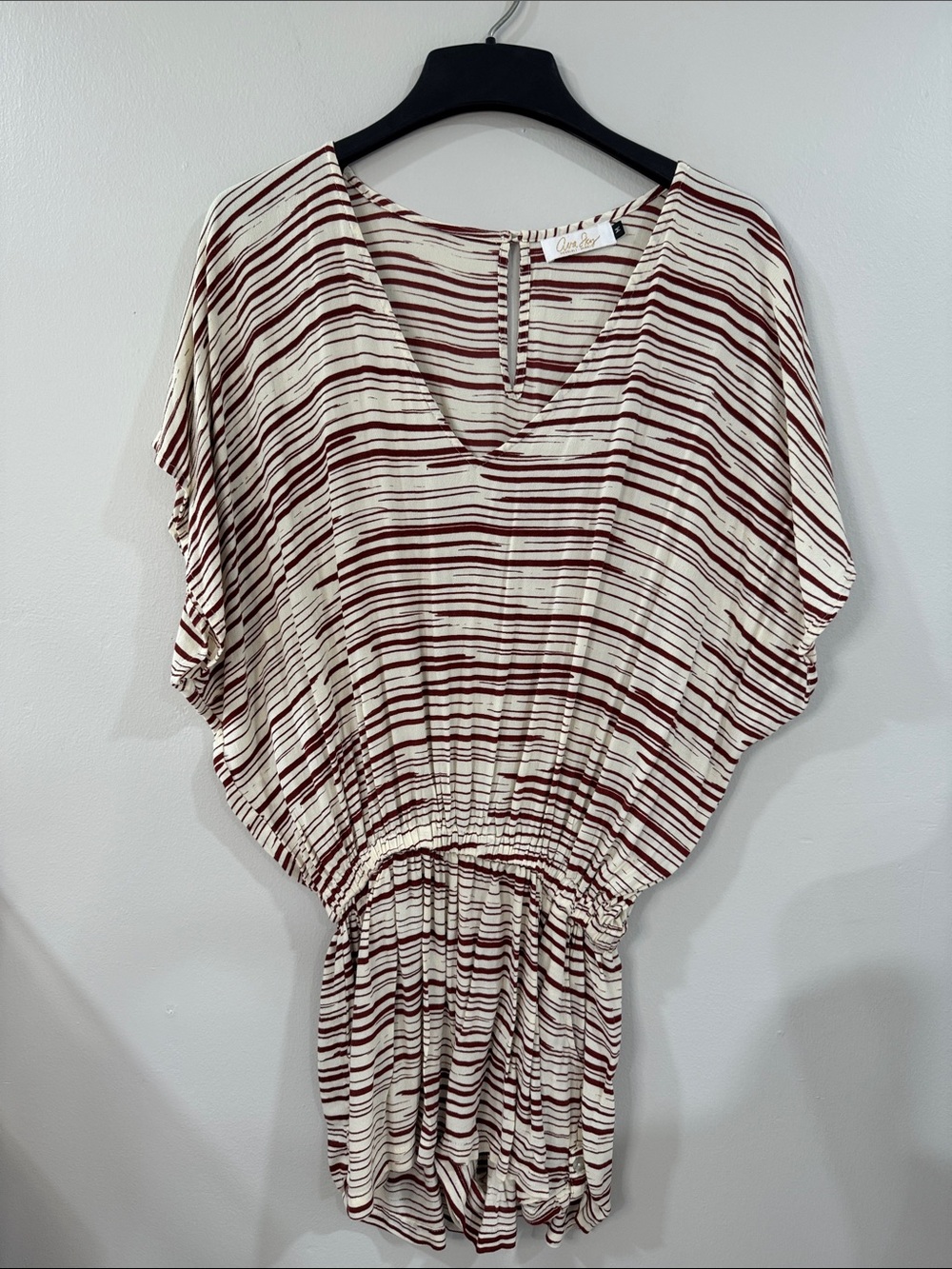 Ava Sky Fighting Eel Cream and Burgundy Striped V-Neck Romper hawaiian